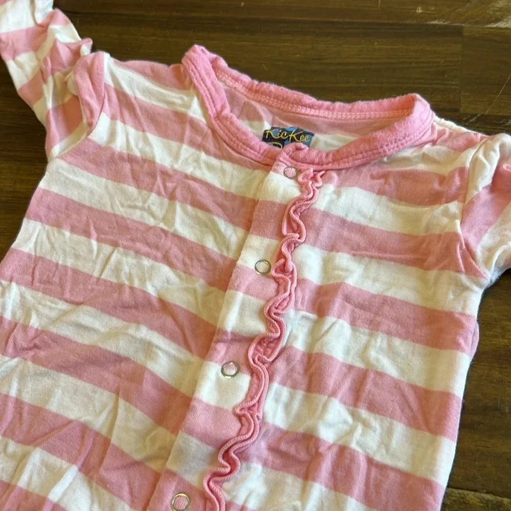Kickee Pants Striped Ruffle Footsie Bamboo Pink Glove Grip
